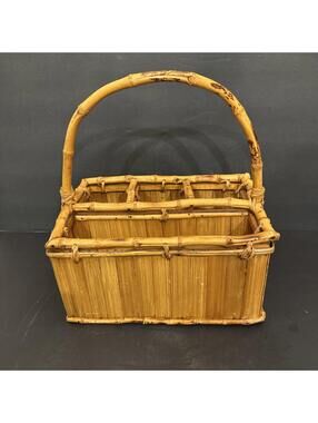 Vintage Handmade Bamboo Utensil Caddy Storage Organizer Basket 11.5” W X 13” T